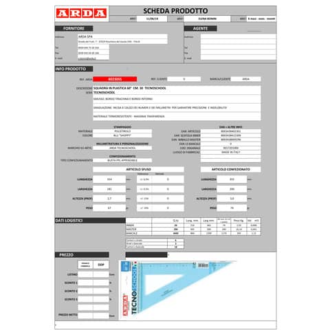 Squadra ARDA Linea Tecnoschool polistirolo termoresistente azzurro trasparente 60° cm 30 - 40230SS